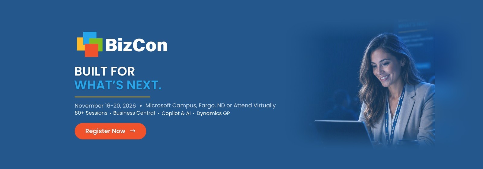 bizcon built for what's next web banner with button to the event link