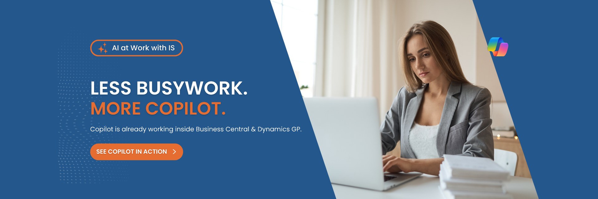 web banner featuring less busywork more copilot ai and link to the copilot page